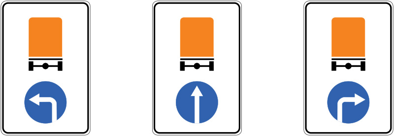 Предписывающие дорожные знаки, указывающие разрешенные направления движения транспортных средств с опасными грузами, обозначенных табличками оранжевого цвета